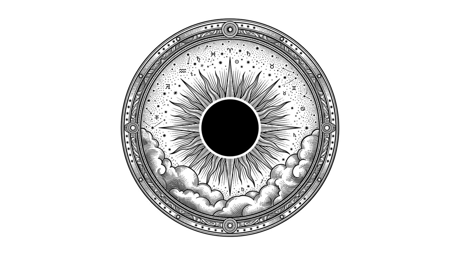 Antique engraving of a total solar eclipse with its corona inside a circular frame