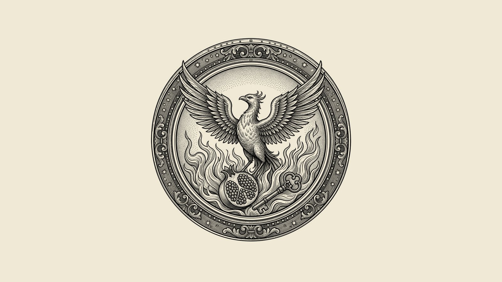 Grabado antiguo de un fénix entre llamas, símbolo de Plutón