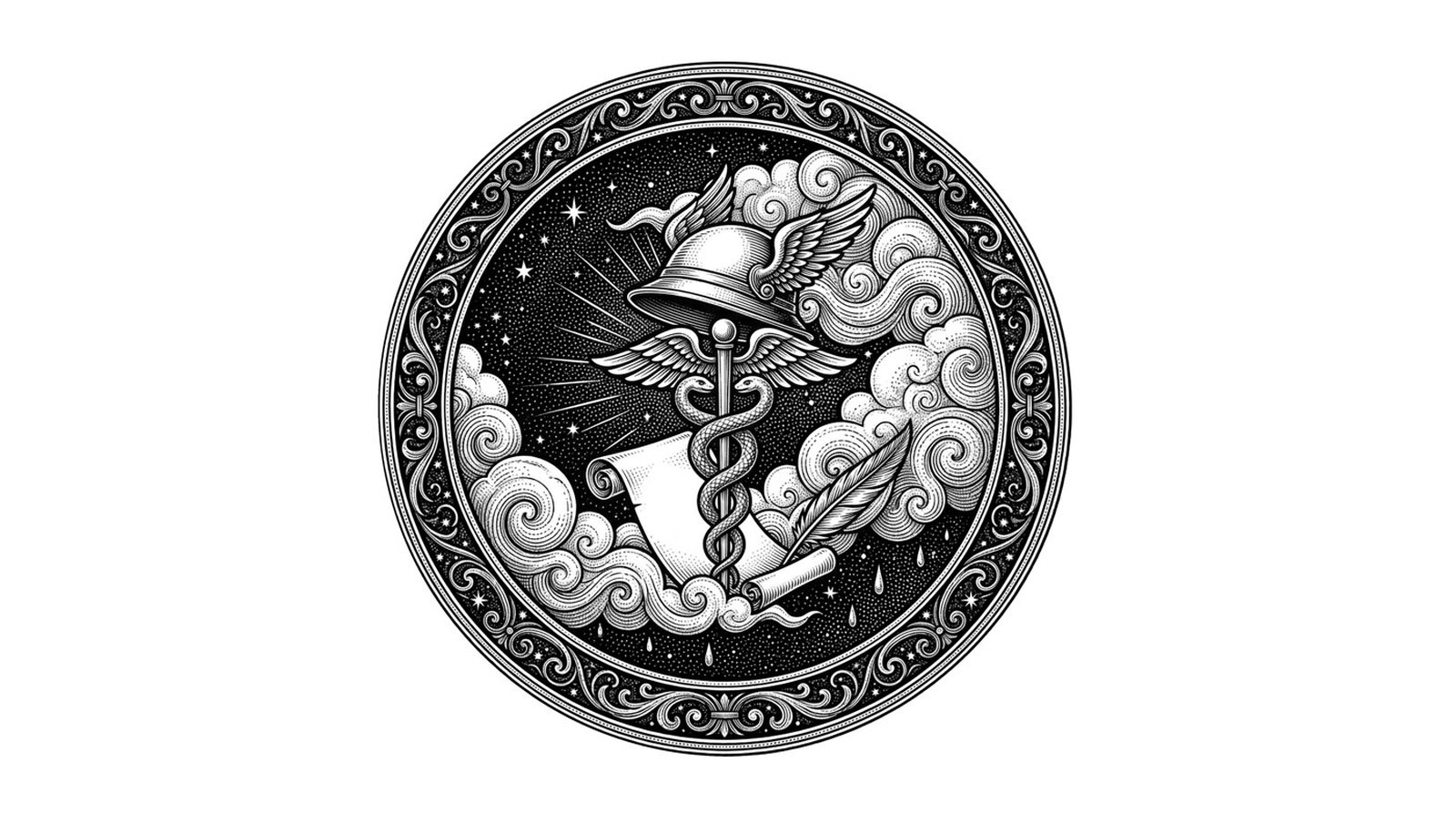 Antique engraving of Mercury's winged helmet and caduceus among clouds