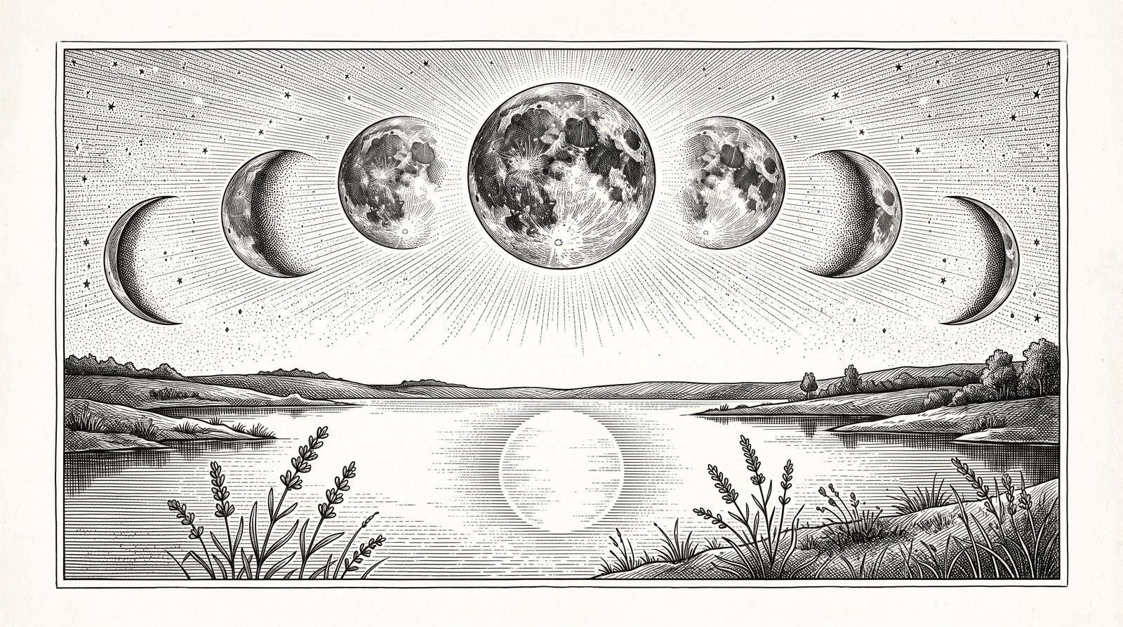 Antique engraving of the phases of the Moon over a starry sky
