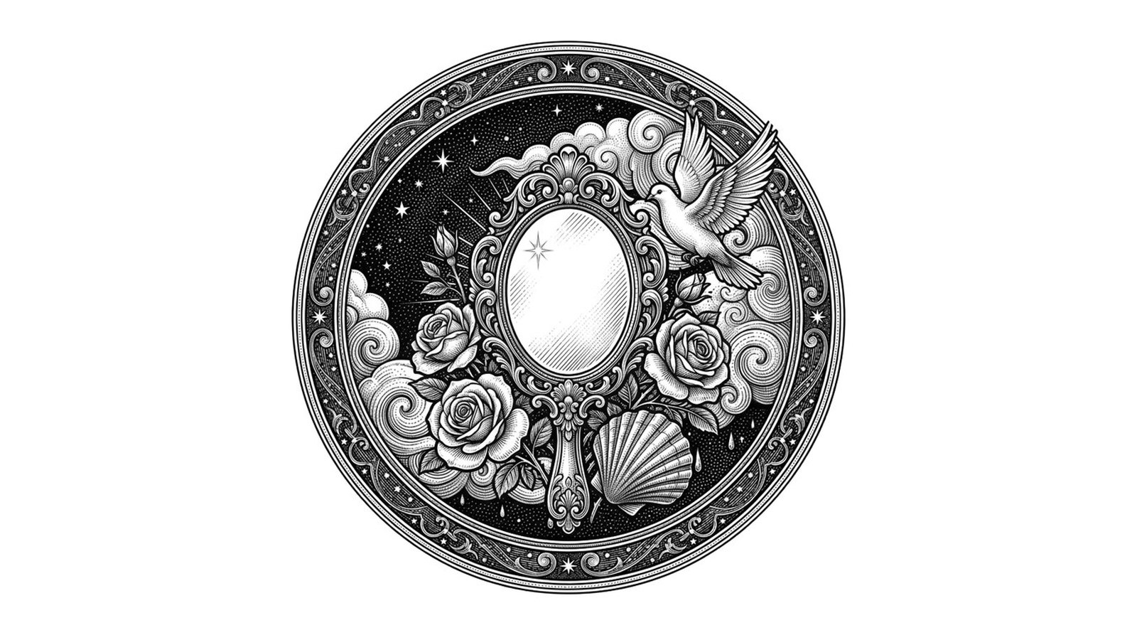 Antique engraving of Venus's mirror with roses, a dove and a shell