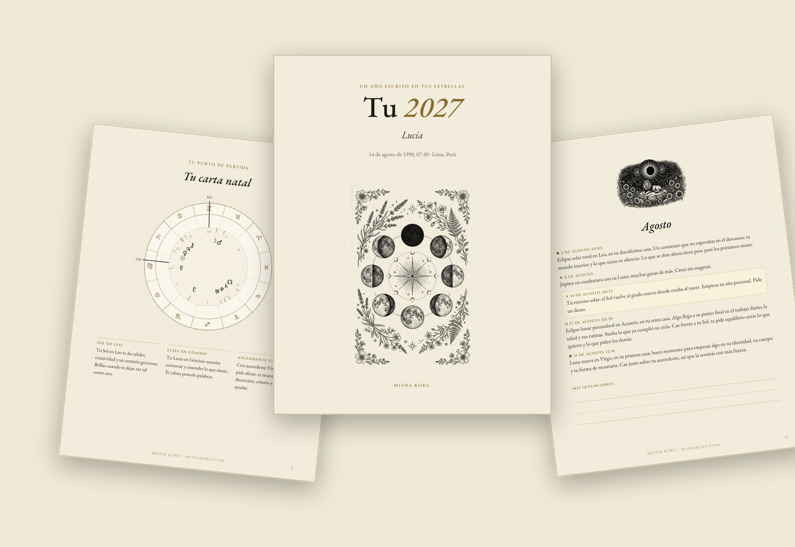 Páginas de ejemplo del cuaderno Tu 2027: portada, carta natal y un mes
