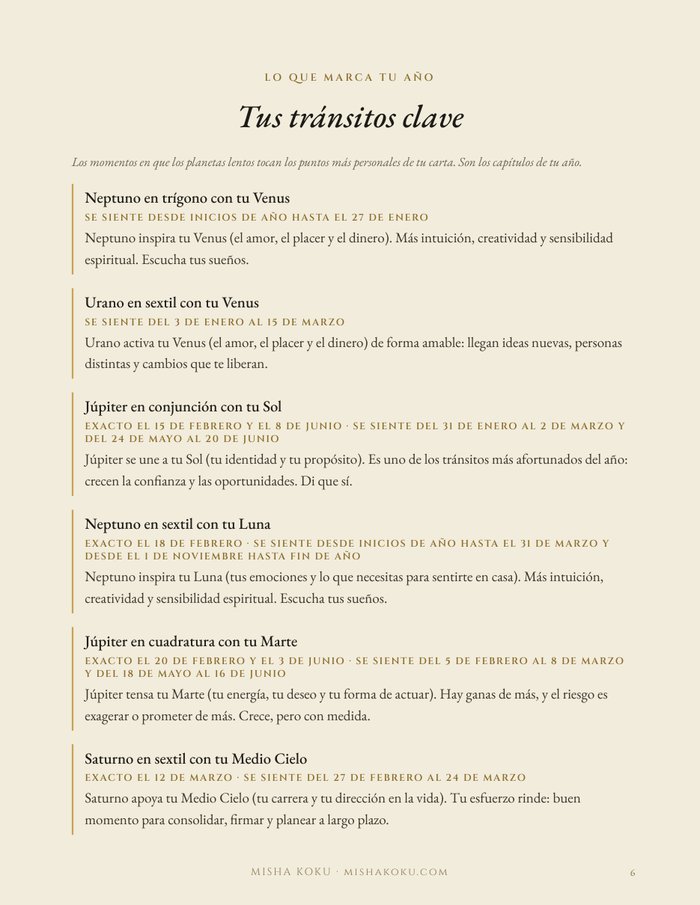 Página de tránsitos clave
